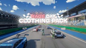 Drivers in custom racing suits standing beside GT race cars on a FiveM circuit