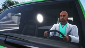Driver in medical scrubs at the wheel of a green O'Deas Pharmacy delivery van in FiveM