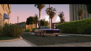 Lowrider convertible arriving at dusk in the FiveM pawn shop MLO trailer