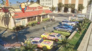 Burgershot FiveM MLO at Vespucci Canals with branded stock cars parked outside