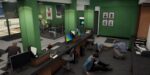 Staff desk area of the FiveM Fleeca Bank MLO with green Fleeca branding and employees taking cover
