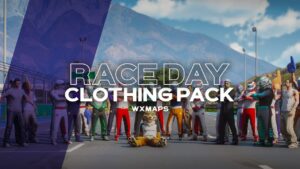 Raceday Clothing Pack lineup of FiveM racing suits, helmets and a mascot outfit on the starting grid