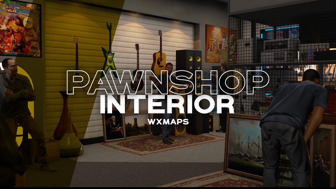 Pawnshops MLO WXMAPS pawn shop MLO sales floor in FiveM with guitars, speakers and paintings