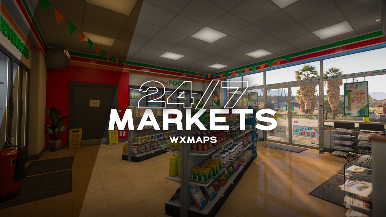24/7 Supermarkets MLO Retail floor of the WXMAPS 24/7 supermarket MLO for FiveM with stocked aisles and glass storefront