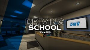 FiveM driving school MLO reception with San Andreas DMV screen and waiting chairs