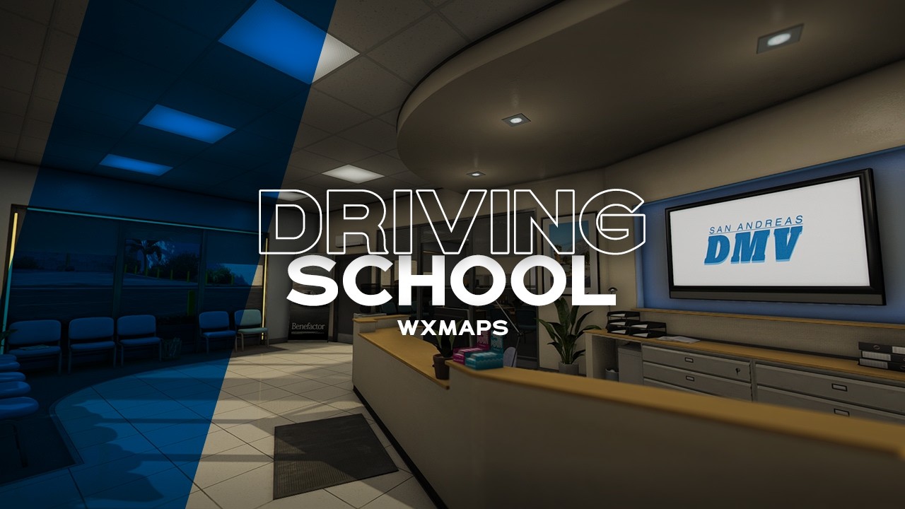 Driving School MLO FiveM driving school MLO reception with San Andreas DMV screen and waiting chairs