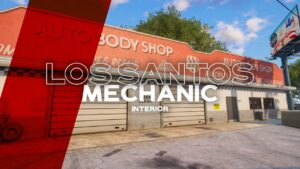 Los Santos Mechanic MLO for FiveM — custom auto body shop exterior with roller doors