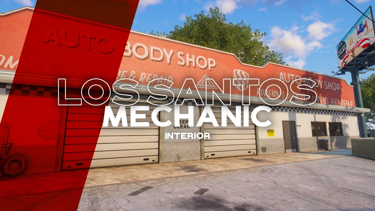 Los Santos Mechanic MLO Los Santos Mechanic MLO for FiveM — custom auto body shop exterior with roller doors