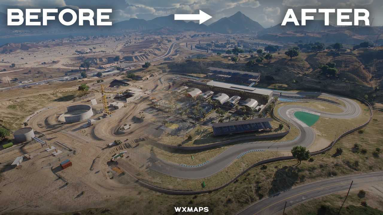 Grand Senora Raceway MLO Aerial before and after view of Grand Senora Raceway FiveM racetrack MLO replacing the Redwood Lights dirt track